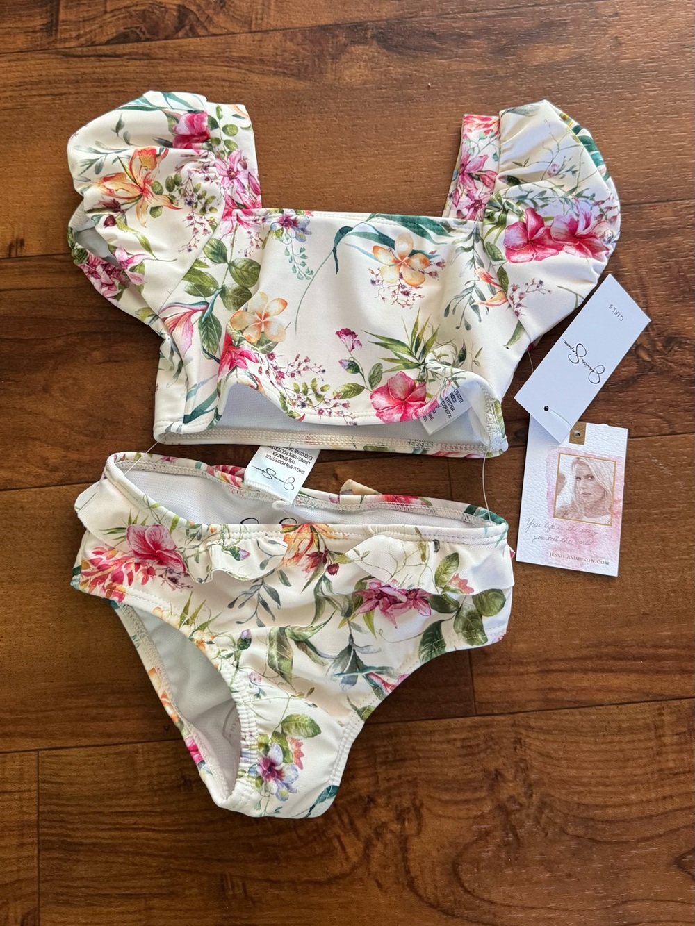 Toddler Jessica Simpson Cream Floral Ruffle Bikini Set Pink & Green Accents 2t